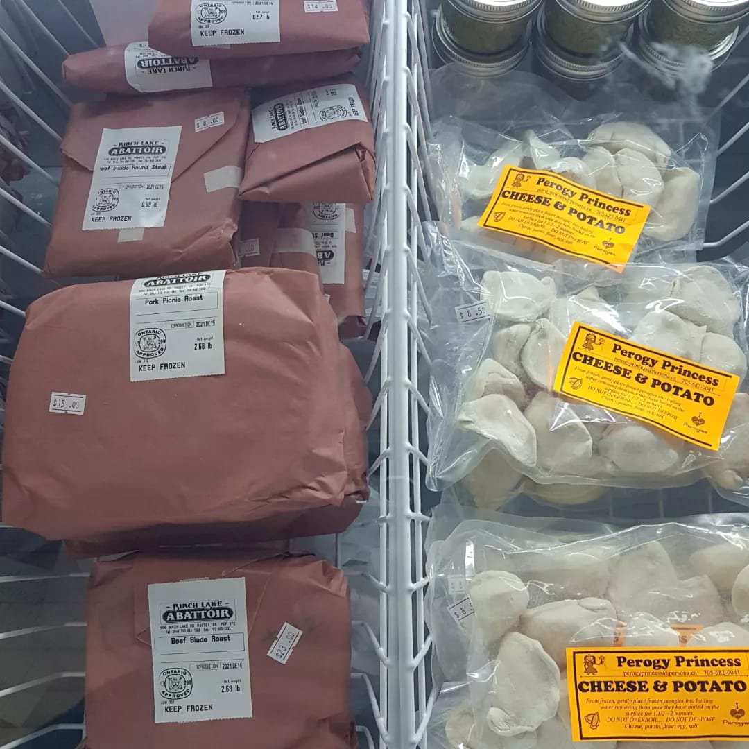 Pork products and perogies in the freezer